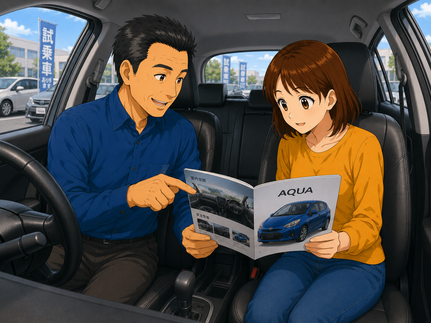 自動車購入について車内で相談しているイラスト