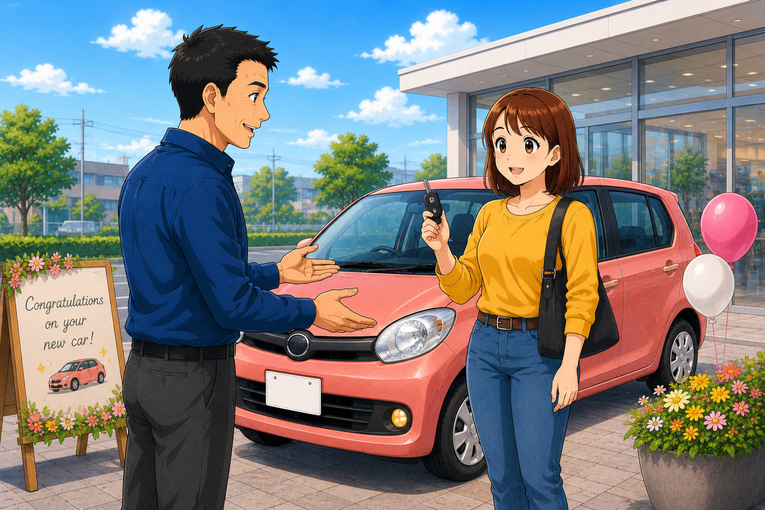 新車・中古車の納車に立ち会っているイラスト