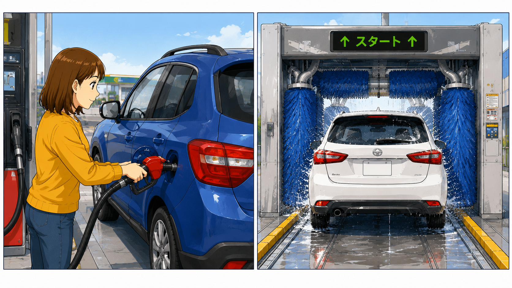 セルフ給油と自動洗車機の使い方のイラスト