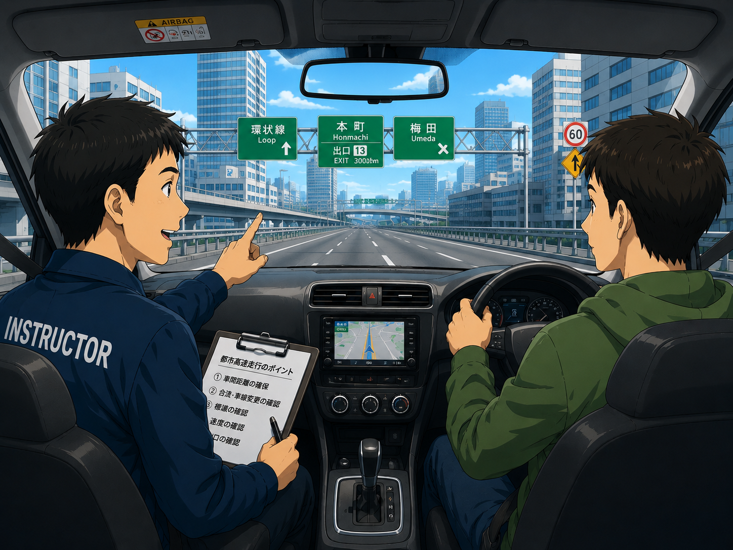 高速道路で同乗サポートをしているイラスト