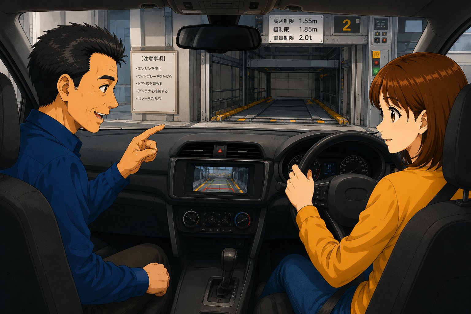 機械式駐車場で入庫練習をしているイラスト