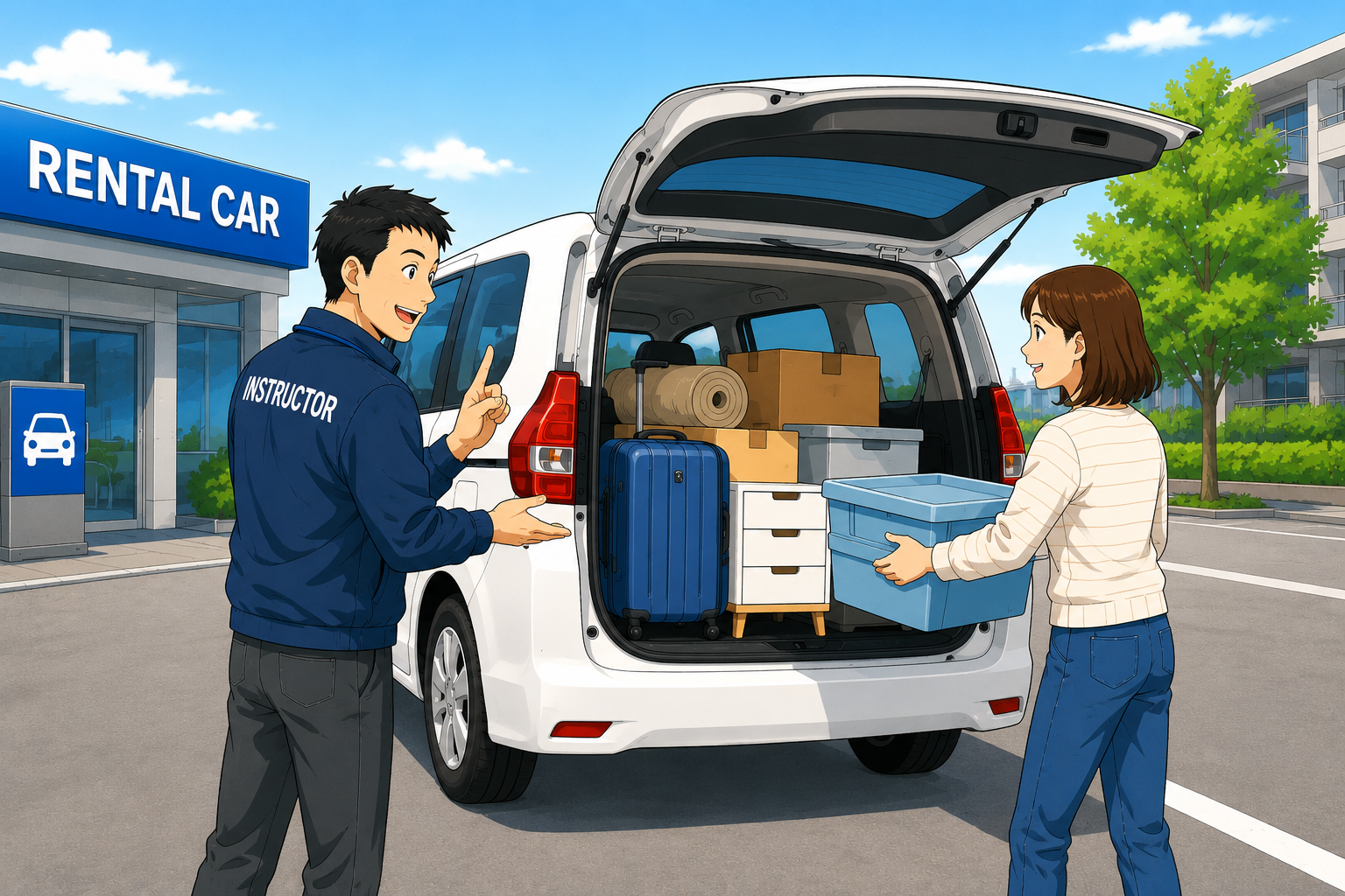 レンタカーに荷物を積み込むサポートのイラスト